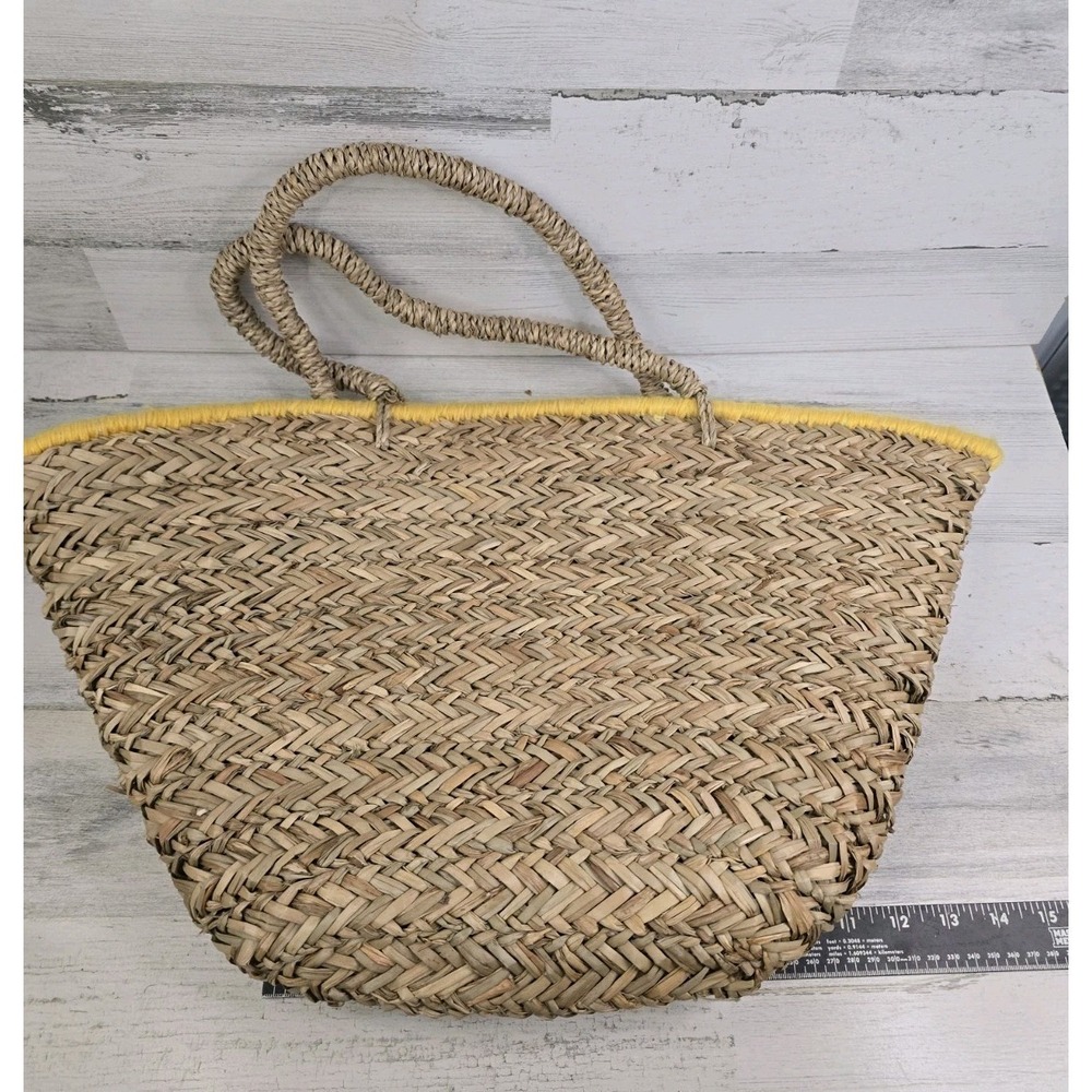Girls Just Wanna Have Sun Straw Woven Tote Beach Market Bag Yellow Orange Trim - Picture 5 of 6